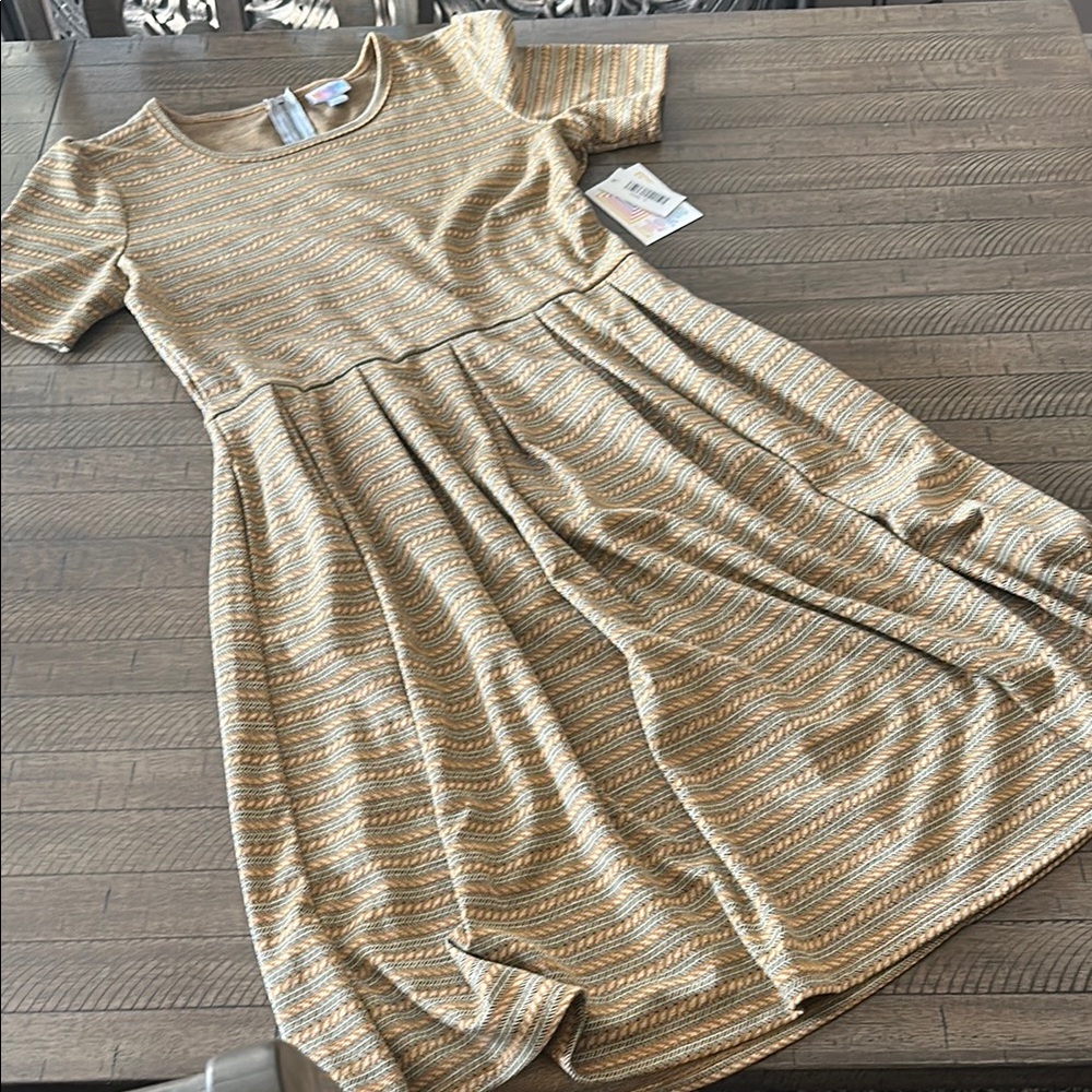 LuLaRoe Amelia Dress with Tan and Gold Patterns